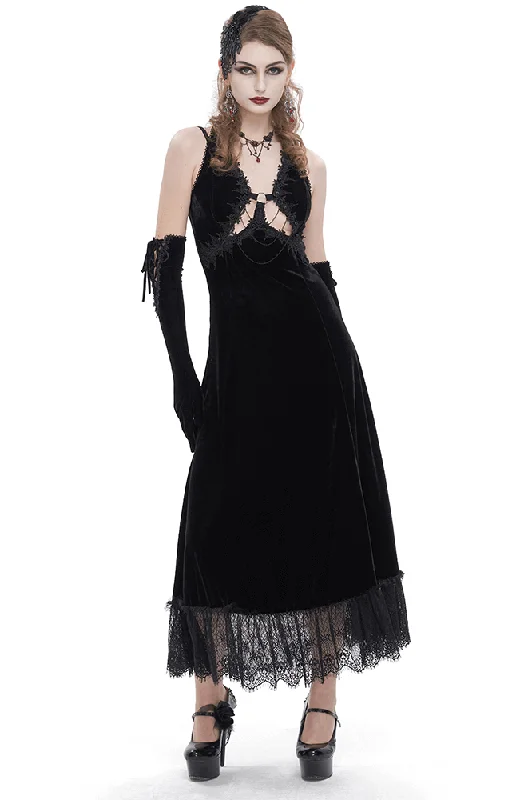 Gothic Gorgeous Velvet Dress with Sexy Neckline and Lace Hem Lace Dress for Weddings