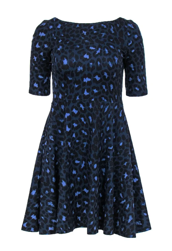 Kate Spade - Navy Leopard Print Fit & Flare Dress w/ Lace-Up Back Sz XS Lace Mini Dress