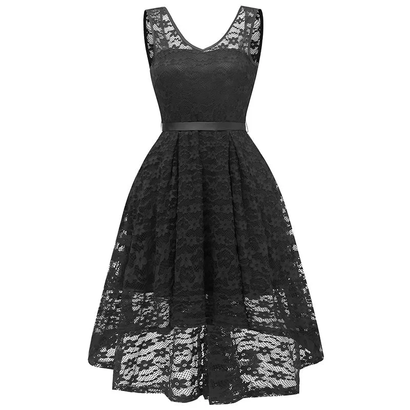 Lace Sleeveless Dovetail Bridesmaid Dress With Bow #Lace #Black #Vintage #A-Line #Slash Neck Lace Mini Dress