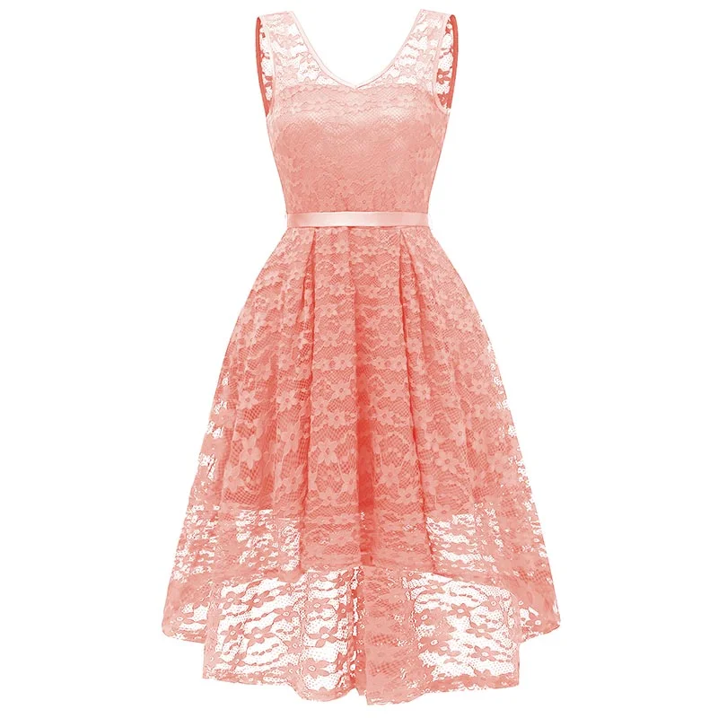 Lace Sleeveless Dovetail Bridesmaid Dress With Bow #Lace #Pink #Vintage #A-Line #Slash Neck Lace Overlay Dress