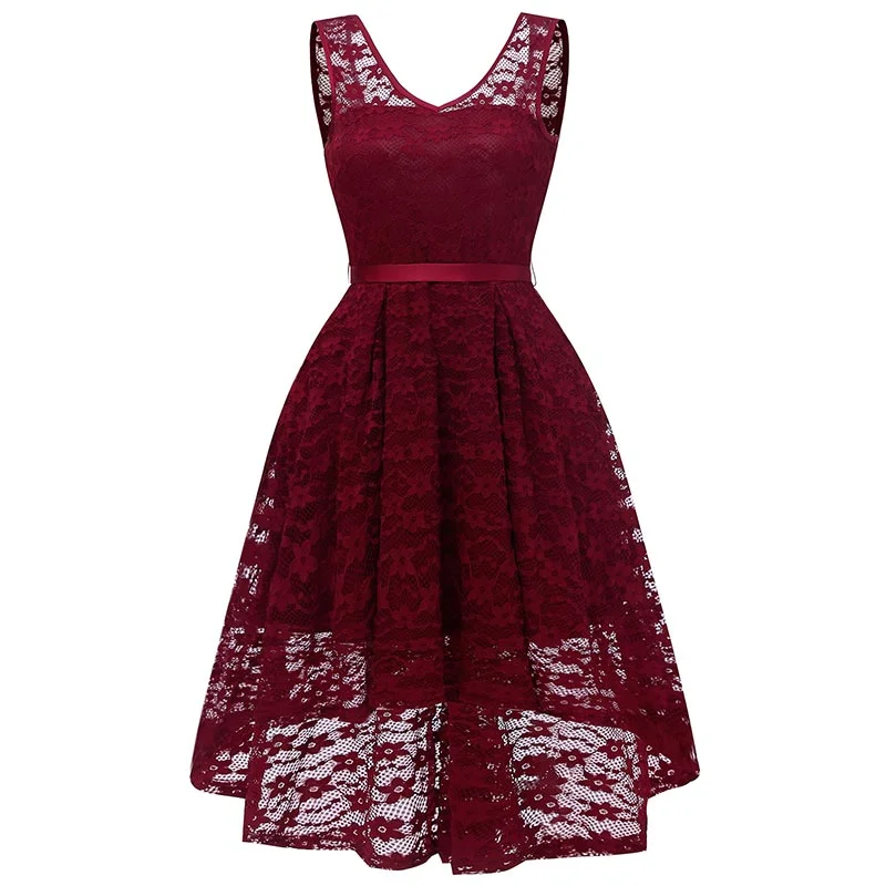 Lace Sleeveless Dovetail Bridesmaid Dress With Bow #Lace #Red #Vintage #A-Line #Slash Neck Lace Dress for Women