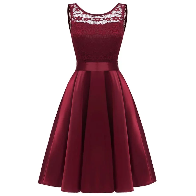 Lace Sleeveless Dovetail Bridesmaid Dress With Bow #Lace #Red #Vintage #A-Line #Slash Neck Lace Dress Classic