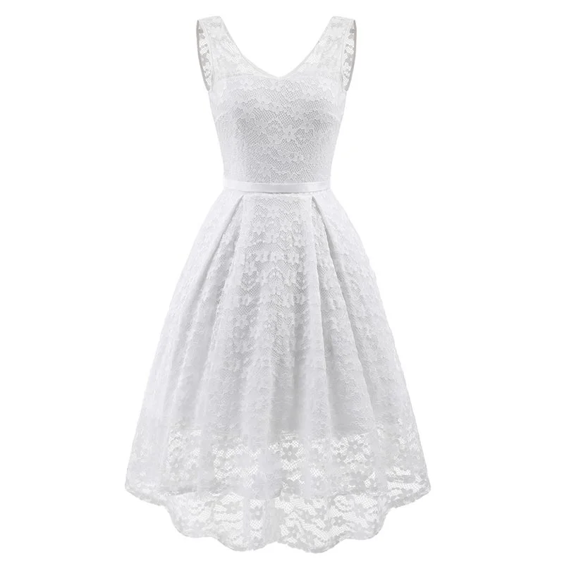 Lace Sleeveless Dovetail Bridesmaid Dress With Bow #Lace #White #Vintage #A-Line #Slash Neck Lace Dress Dreamy