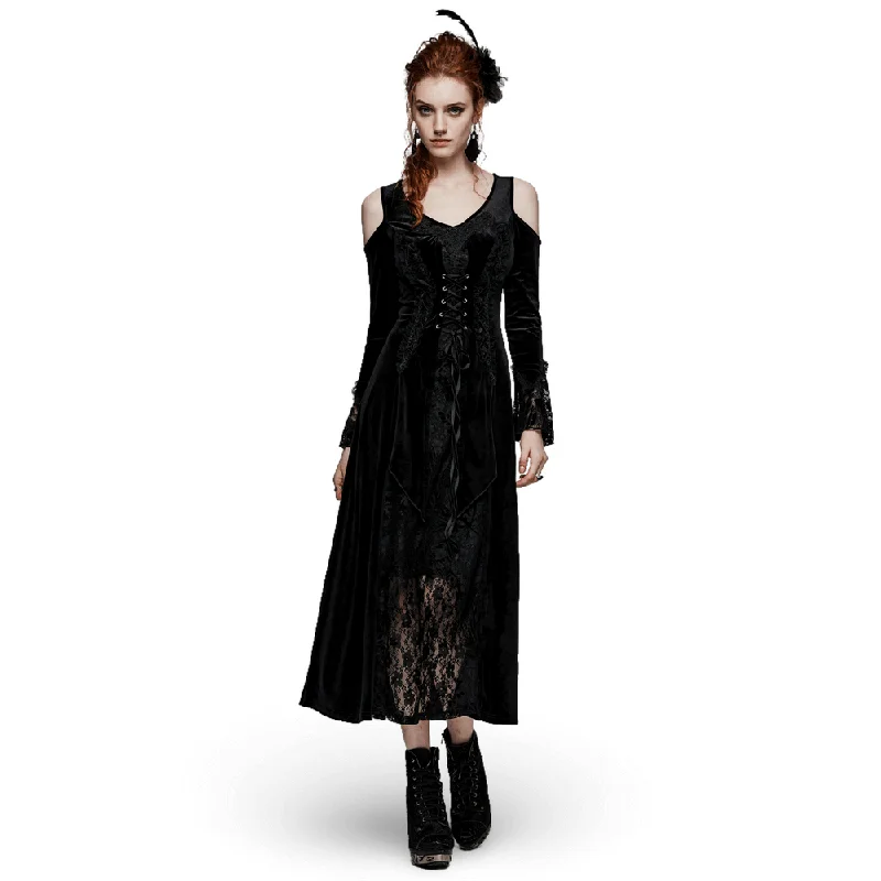 Luxurious Velvet Goth Gown with Sexy Lace Detail Lace Dress Design