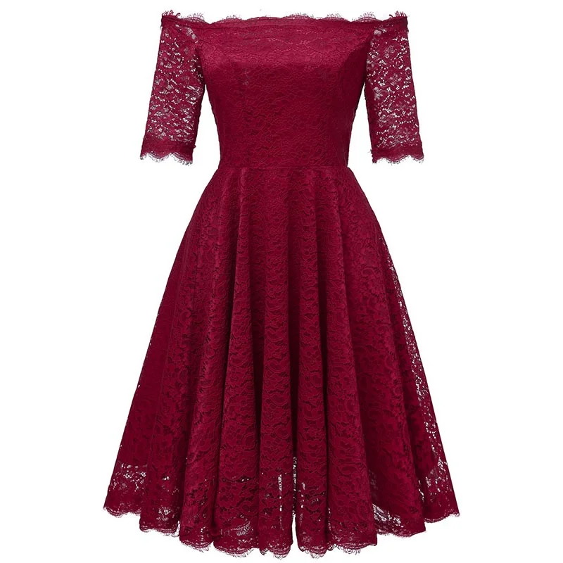 Off Shoulder Lace A-Line Dress With Half Sleeves #Lace #Red #Off Shoulder #A-Line #Half Sleeves Modern Lace Dress