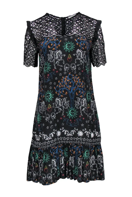 Sandro - Black & Multicolored Bohemian Print Shift Dress w/ Lace Trim Sz M Lace Maxi Dress