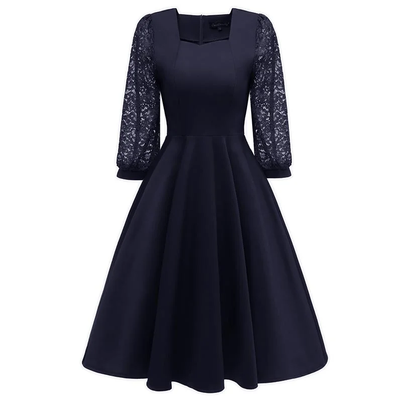 Sequare Neck A-Line Dress with Lace Sleeves #Lace #A-Line #Sequare Neck Lace Dress Accent