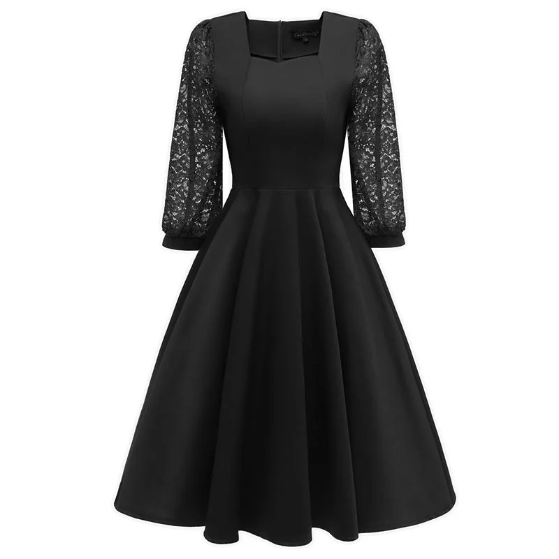 Sequare Neck A-Line Dress with Lace Sleeves #Lace #Black #A-Line #Sequare Neck Lace Dress Shine