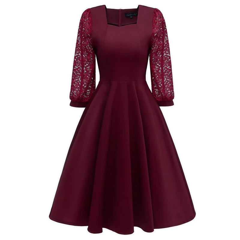 Sequare Neck A-Line Dress with Lace Sleeves #Lace #Red #A-Line #Sequare Neck Lace Fit-and-Flare