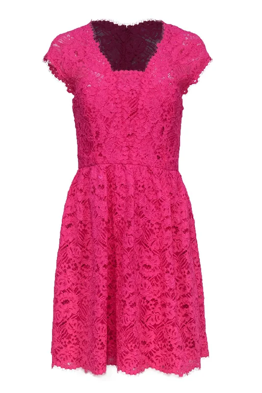 Shoshanna - Hot Pink Lace Sleeveless Fit & Flare Dress Sz 12 Lace Detail Gown