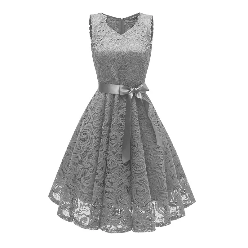 V-Neck Lace Sleeveless A-Line Evening Dress #Lace #Grey #Sleeveless #V-Neck #A-Line Lace Dress Party