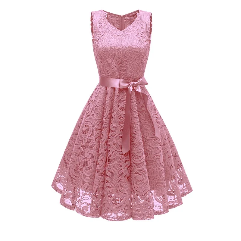 V-Neck Lace Sleeveless A-Line Evening Dress #Lace #Pink #Sleeveless #V-Neck #A-Line Lace Dress Glamour