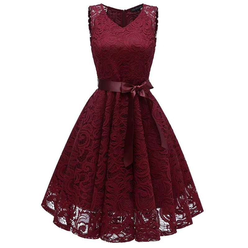 V-Neck Lace Sleeveless A-Line Evening Dress #Lace #Red #Sleeveless #V-Neck #A-Line Lace Dress Flare