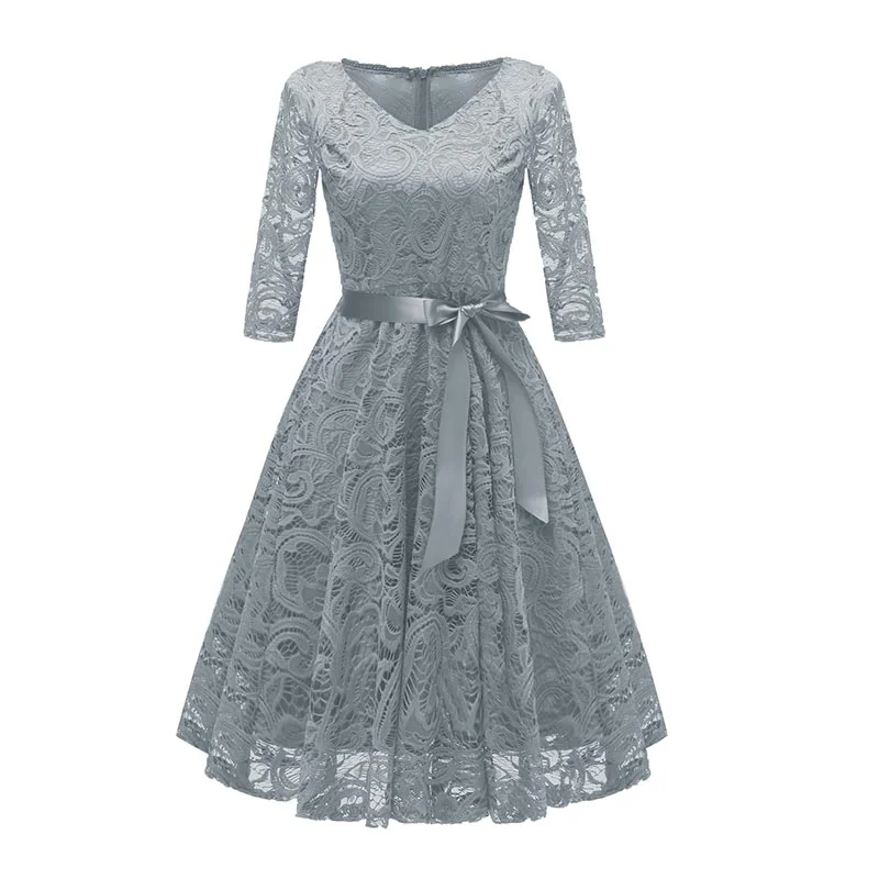 V-Neck Lace Three Quarter Sleeve A-Line Dress #Lace #Grey #V-Neck #A-Line #Three Quarter Lace Dress Layers