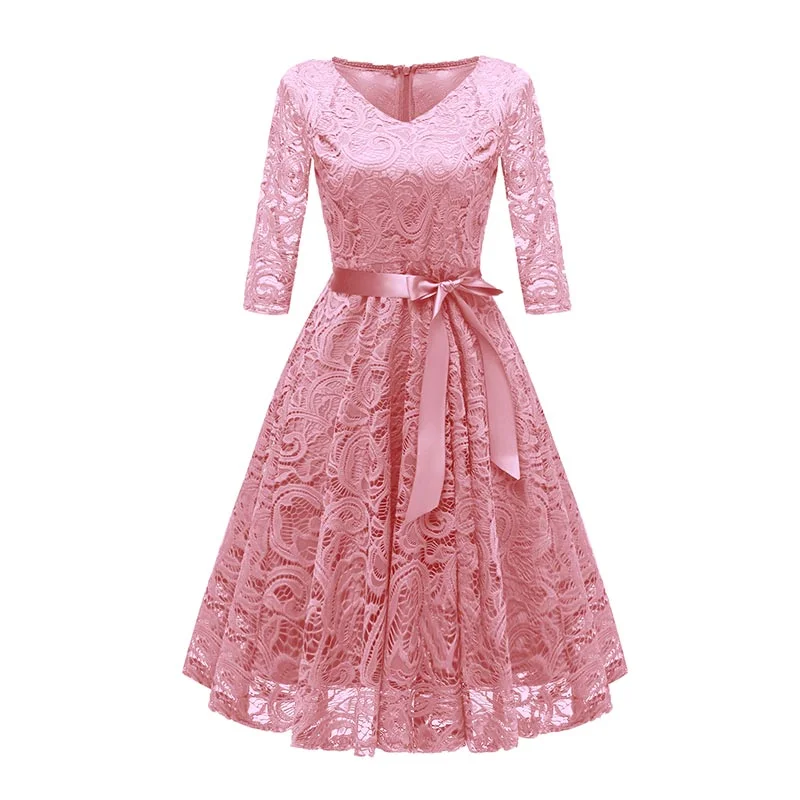 V-Neck Lace Three Quarter Sleeve A-Line Dress #Lace #Pink #V-Neck #A-Line #Three Quarter Simple Lace Gown