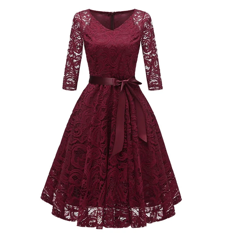 V-Neck Lace Three Quarter Sleeve A-Line Dress #Lace #Red #V-Neck #A-Line #Three Quarter Lace Dress Trendy