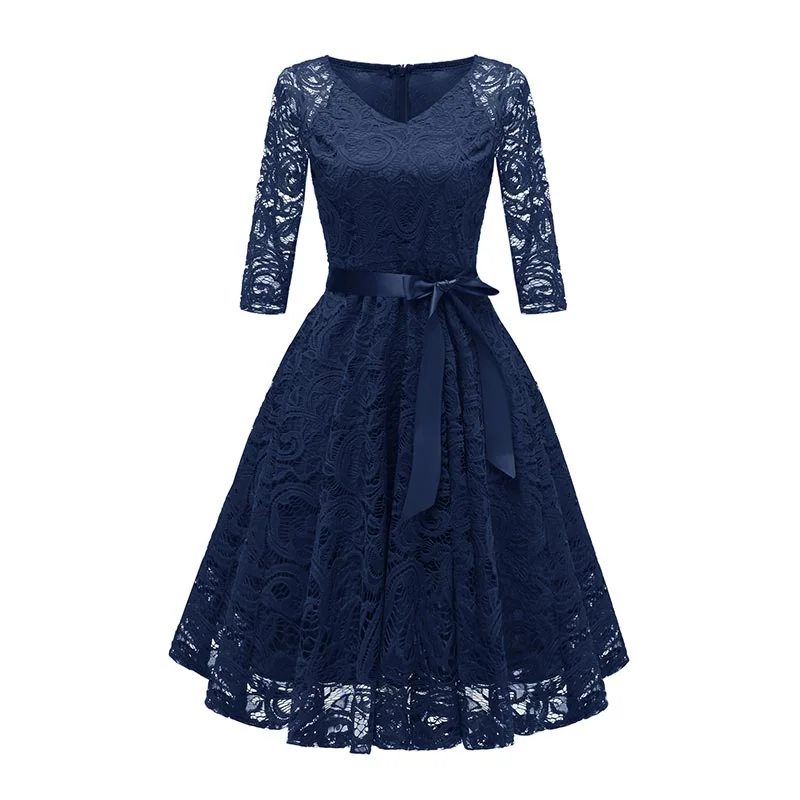 V-Neck Lace Three Quarter Sleeve A-Line Dress #Lace #V-Neck #A-Line #Three Quarter Lace Gown Glam