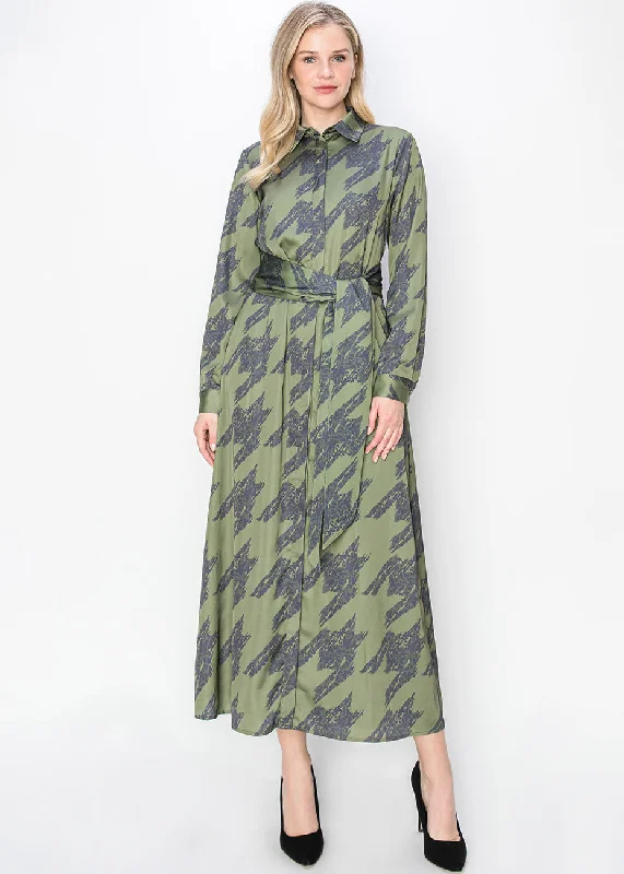 Abstract Olive Long-Sleeve Dress High-Waist Maxi Skirt