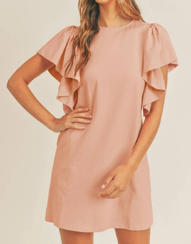 Cotton T-Shirt Big Ruffle Sleeve Dress In Dusty Rose Office Shirt Dress