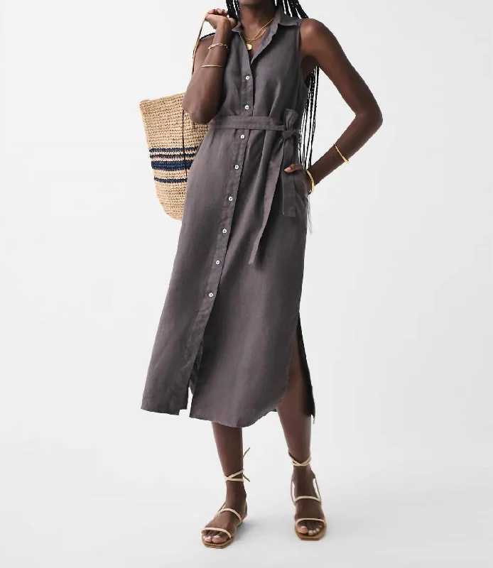 Linen Laguna Sleeveless Shirt Dress In Washed Black Summer Shirt Dress