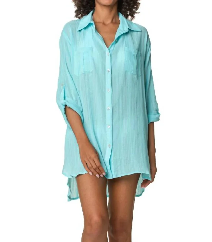 Relaxed Shirt Dress In Aqua A-line Shirt Dress