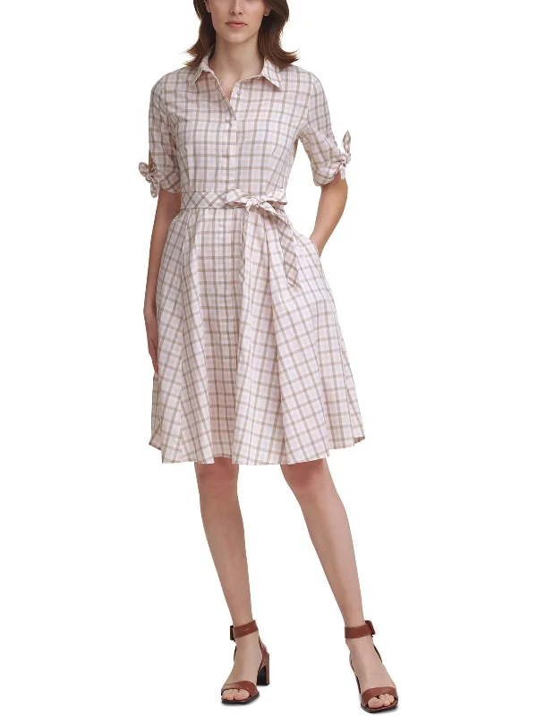 Womens Collared Plaid Shirtdress Stretch Shirt Dress