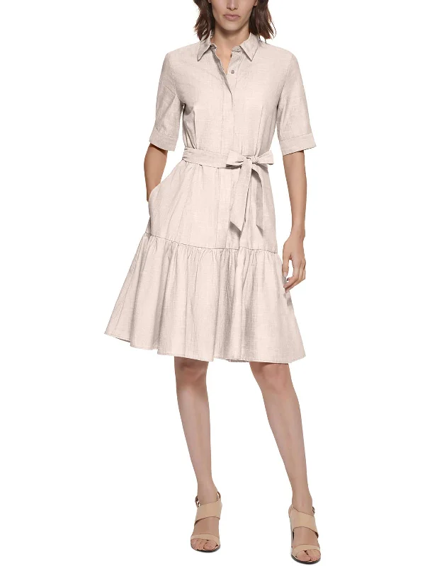 Womens Tie-Waist Collared Shirtdress Shirt Dress Casual